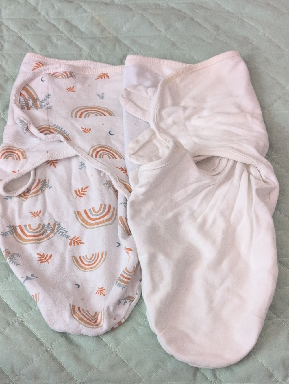 2 Preemie Baby Sleep Swaddles White & Rainbow